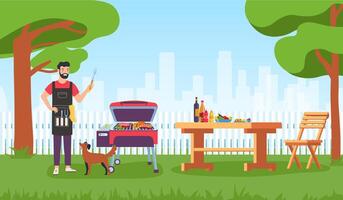 Bbq in garden or park, table and chairs vector