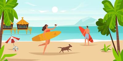 Summer sea activity beach, surfing on ocean coast vector