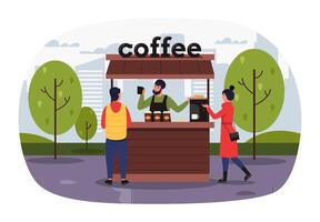 calle vendedores, café tienda y clientes en parque vector