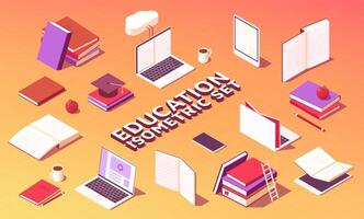 Isometric modern education symbols. University and college online courses, laptop and notebook with books, distance learning concept. set vector