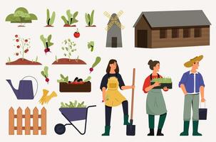 Farmers and crops, garden tools and people vector