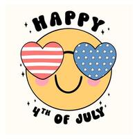 Groovy 4th of July happy smile face emoji Cartoon Trendy doodle idea for Shirt Sublimation, greeting card vector