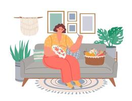 Woman embroidering. Relax at home. People do hobby in home vector