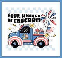 Groovy 4th of July truck with firework Cartoon Trendy doodle idea for Shirt Sublimation, greeting card vector