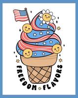 Groovy 4th of July ice cream Cartoon Trendy doodle idea for Shirt Sublimation, greeting card vector