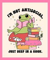 maravilloso rana leyendo libro antisocial libro club retro mínimo vibrante pastel dibujo pared Arte imprimible vector