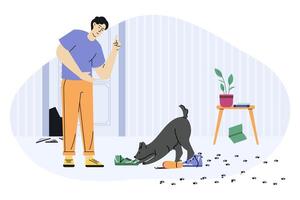 perro comportamiento travieso problema a habitación, lío y trastorno vector