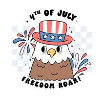 Groovy 4th of July Retro Eagle bald Cartoon Trendy Character doodle idea for Shirt Sublimation, greeting card vector