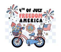 Groovy 4th of July bycicle Cartoon Trendy doodle collection idea for Shirt Sublimation printing vector