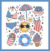 Groovy 4th of July food Retro Cartoon Trendy doodle collection idea for Shirt Sublimation printing vector