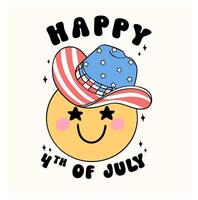 Groovy 4th of July happy smile face emoji with cowboy hat Cartoon Trendy doodle idea for Shirt Sublimation, greeting card vector