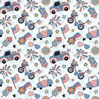 Groovy 4th of July seamless pattern Retro America firework and truck Trendy cartoon character isolated on background vector