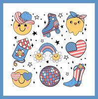 Groovy 4th of July happy smile face emoji Retro Cartoon Trendy doodle collection idea for Shirt Sublimation printing vector