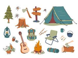 Camping, hiking items set. Camping equipments, travel trekking hiking gear adventure trip rucksack tent camp object tourism. Flat illustration vector