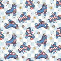 Groovy Retro Seamless Pattern for 4th of July Vibrant vintage Roller Skate Shoes on Checkered background vector
