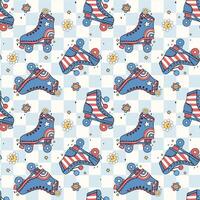 Groovy Retro Seamless Pattern for 4th of July Vibrant vintage Roller Skate Shoes on Checkered background vector