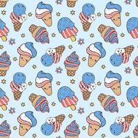 Groovy 4 th of July Seamless Pattern Retro Summer Ice Cream Trendy cartoon character isolated on background vector