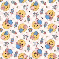 Groovy Retro Seamless Pattern for 4th of July smile face emoji on pink Checkered background vector