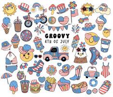 Groovy 4th of July element collection Cartoon Trendy doodle set idea for Shirt Sublimation printing vector