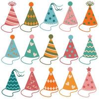 Birthday party hat set Cute doodle colored party hats for greeting card sticker design Flat style vector