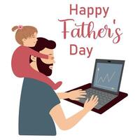 Happy Father's Day template design Little daughter sits on daddy's neck and covers his eyes Flat style vector