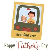 Happy Father's Day template design Little girl with daddy in the car best Dad ever Flat style vector