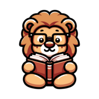 cute lion reading book icon character png