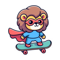 cute lion hero playing skateboard icon character png