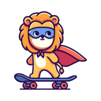 cute lion hero playing skateboard icon character png