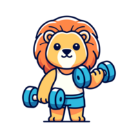 cute lion lifting barbell icon character png