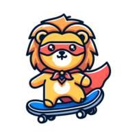 cute lion hero playing skateboard icon character png