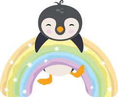 linda pingüino colgando en magia arco iris vector