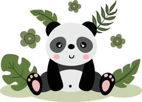 linda panda en el selva con hojas vector