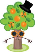 gracioso naranja árbol cómic con negro sombrero y Gafas de sol vector