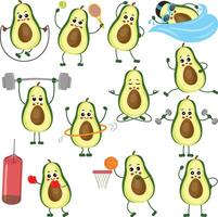 Set digital collage of funny avocado character mascot making gym and sports vector