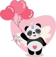 Happy unicorn panda holding heart balloons vector