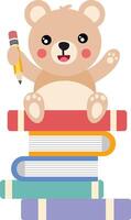 Cute teddy bear student holding pencil on top of books vector