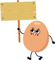 Funny egg character mascot holding a wooden sign vector