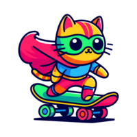 cute cat hero playing skateboard icon character png
