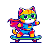 cute cat hero playing skateboard icon character png