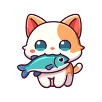 cute cat and fish icon character png