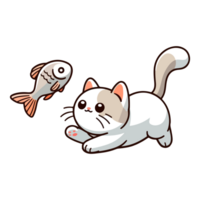 cute cat and fish icon character png
