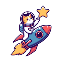 cute cat astronaut ride rocket and reach star icon character png