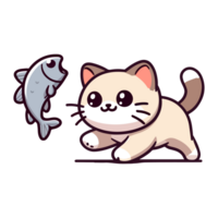 cute cat and fish icon character png