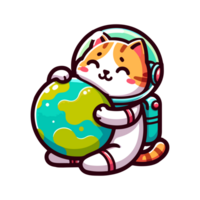 söt katt astronaut kramas planet jord ikon karaktär png