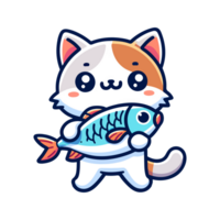 cute cat and fish icon character png