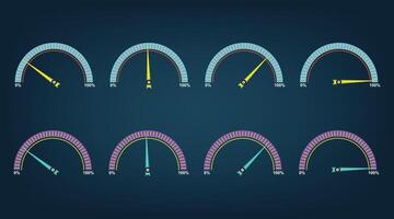 Gauge or meter indicator. Speedometer icon with red, yellow, green, purple scale and arrow. Progress performance chart. vector