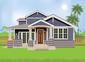 Beautiful exterior of newly built luxury home. Yard with green grass, sunset with waves and walkway lead vector