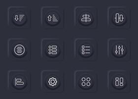 App menu set icon. Application, program, alignment, arrow up and down, list, checkbox, adjust, gear, settings, tune, slider. Technology concept. vector