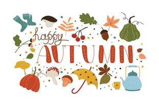 set of autumn elements, falling leaves, mushrooms, socks, berries, pumpkins, hot tea. Scrapbook collection of fall season elements with lettering. Autumn greeting card vector